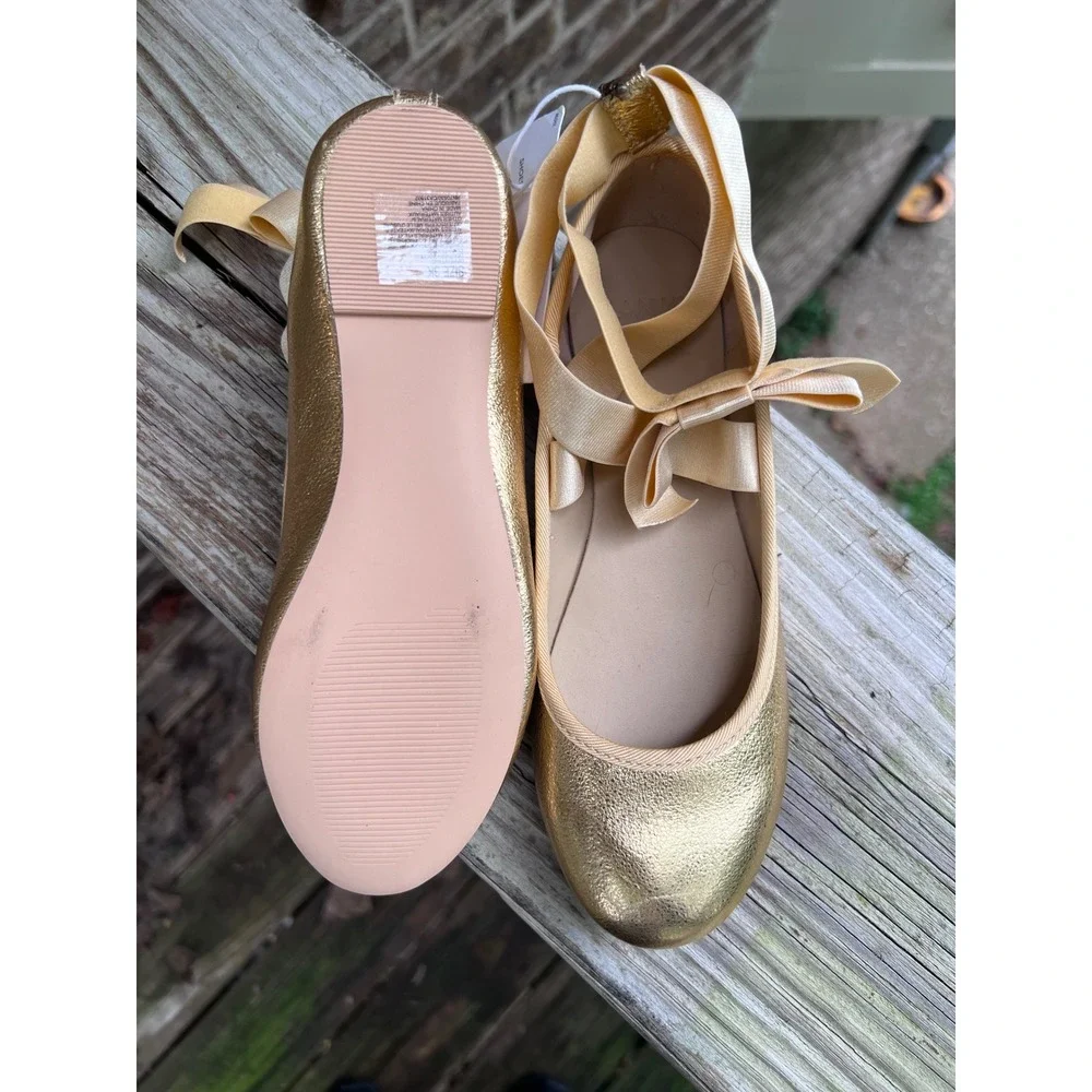 Janie and Jack NWT Ballet Flats Juno Valentine 3K Gold  Coquette Ribbon